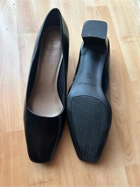 Black Square-Toe Low Block Heel Flats by